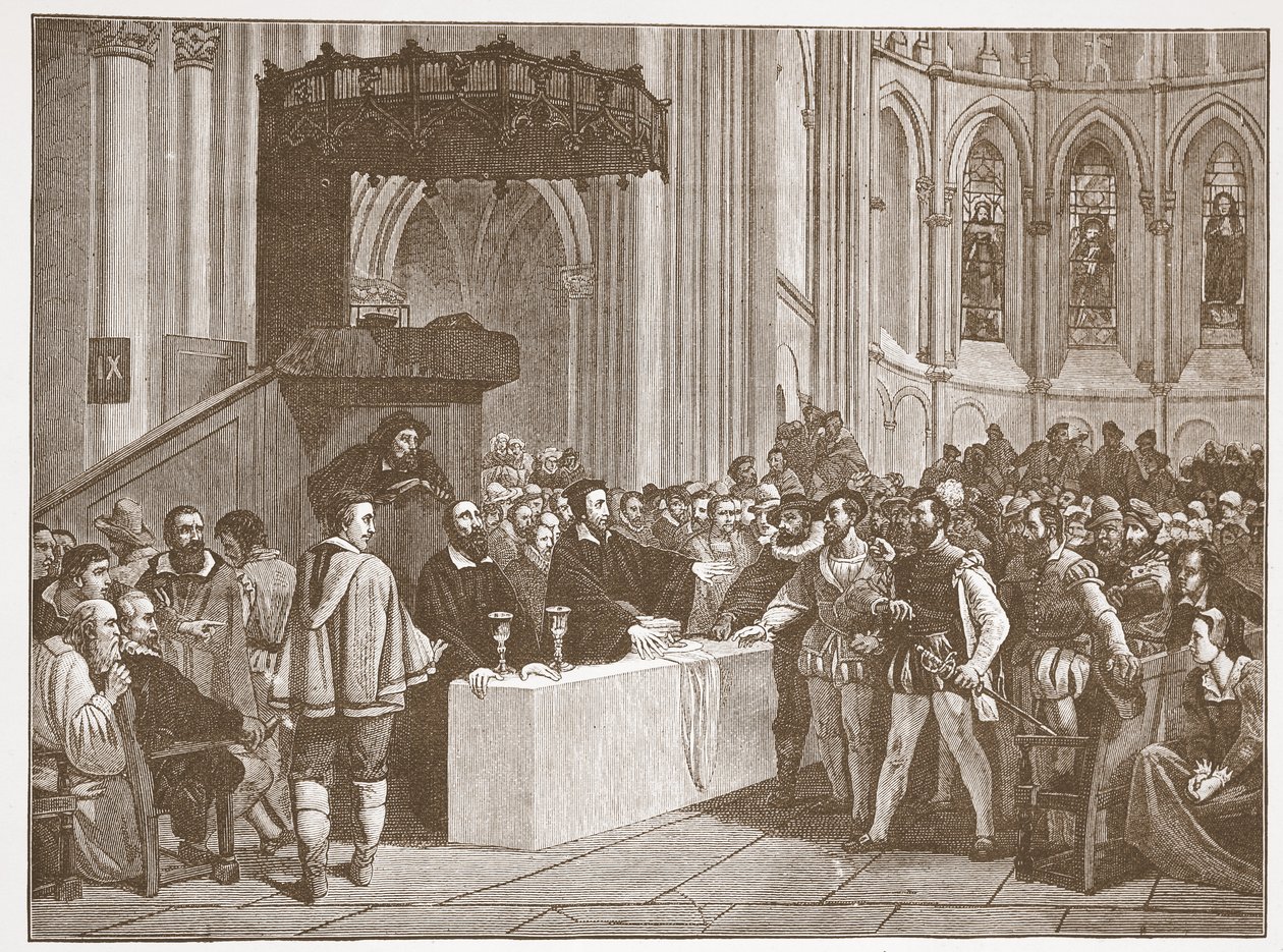 Kalwin odmawiający Wieczerzy Pańskiej libertynom, w katedrze św. Piotra w Genewie, ilustracja z Historii protestantyzmu Jamesa Aitkena Wylie (1808-1890), wyd. 1878 autorstwa English School