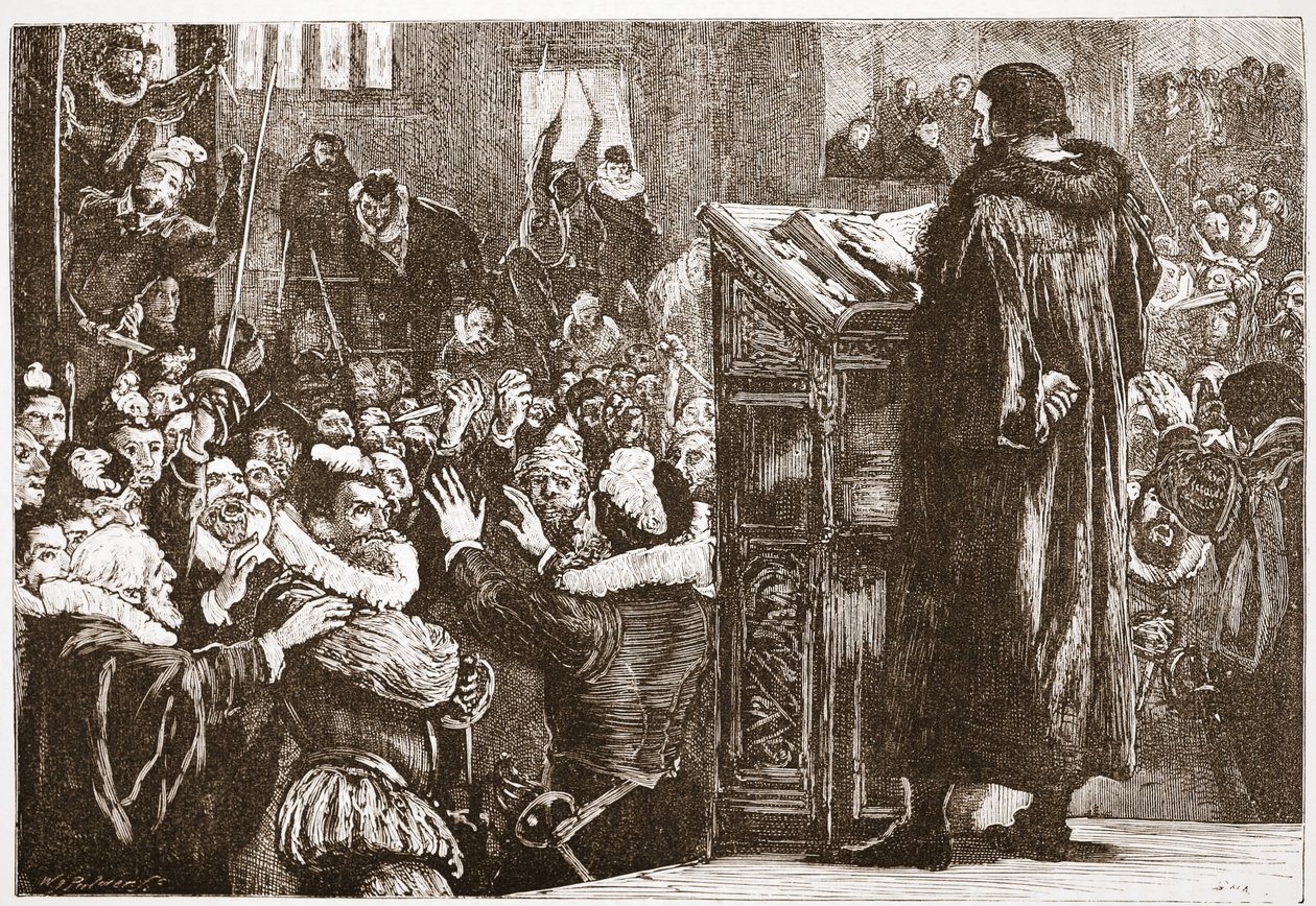 Kalwin zagrożony w kościele w Rive, ilustracja z Historii protestantyzmu Jamesa Aitkena Wylie (1808-1890), wyd. 1878 autorstwa English School