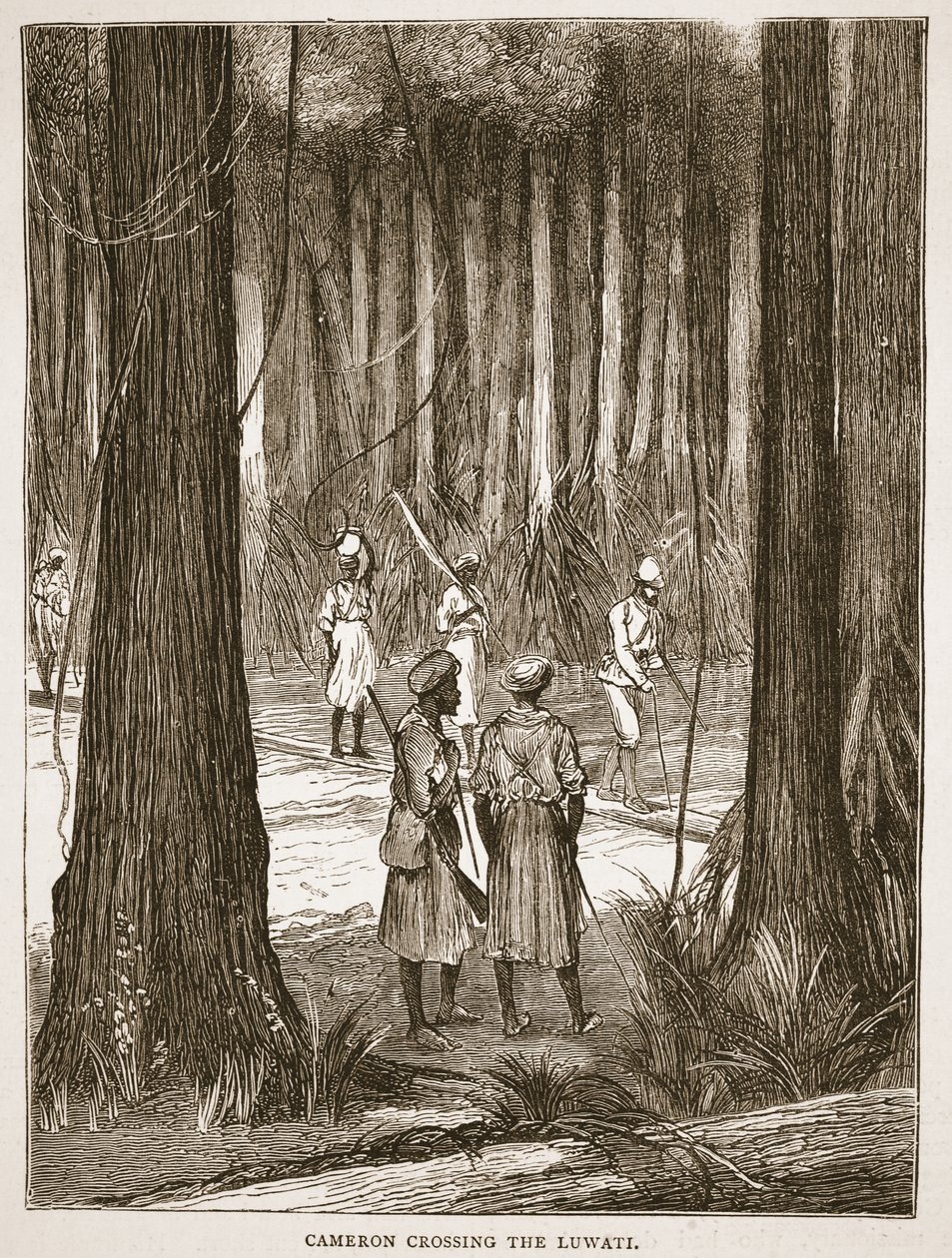 Cameron przekracza Luwati, ilustracja z The Pictorial Edition of the Life and Discoveries of David Livingstone autorstwa J. Ewing Richie, wyd. przez A. Fullartona & Co., 1876 autorstwa English School