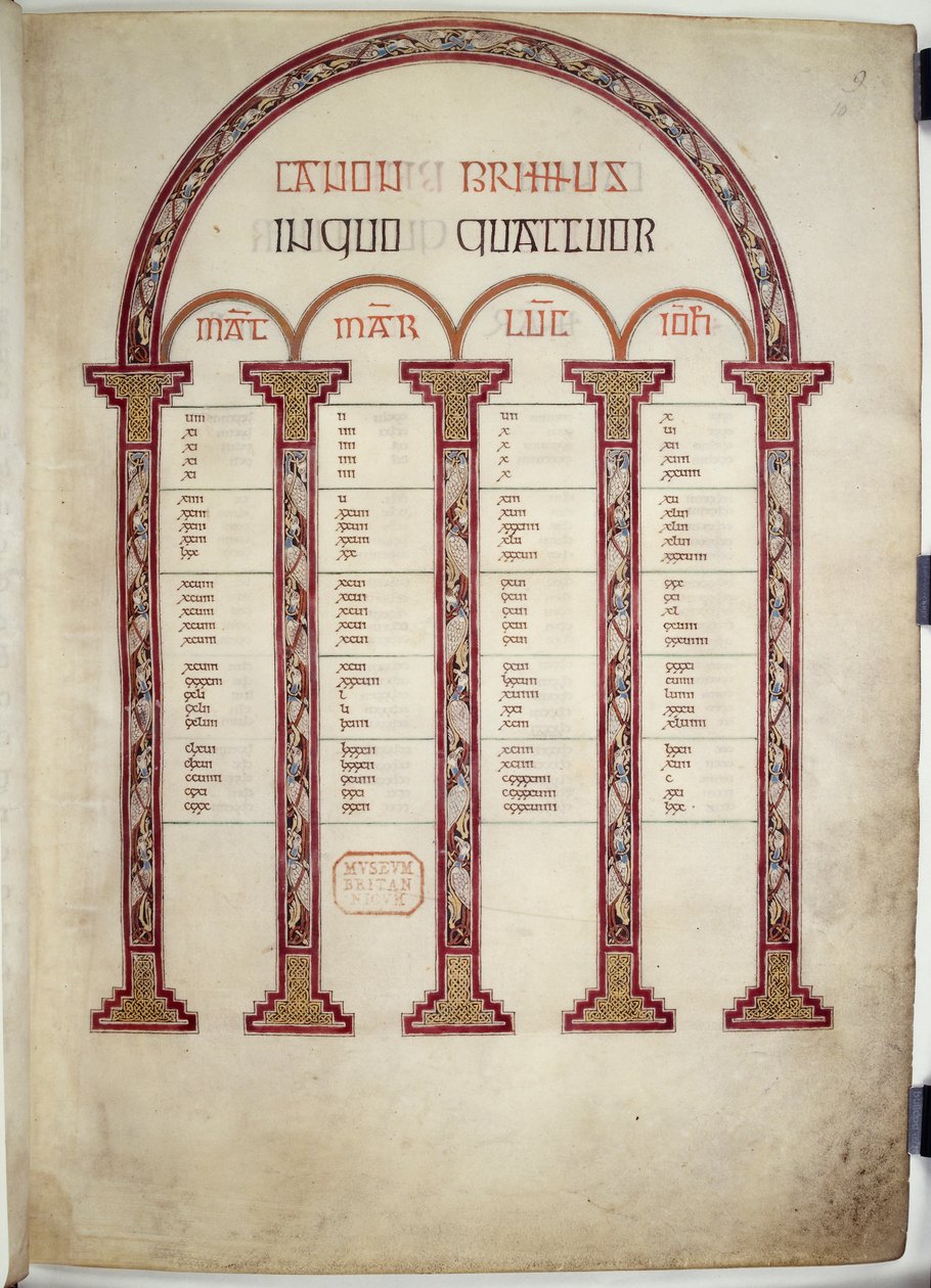 Tablice kanoniczne, ilustracja z „Ewangelii z Lindisfarne”, 710-21 (welum) autorstwa English School