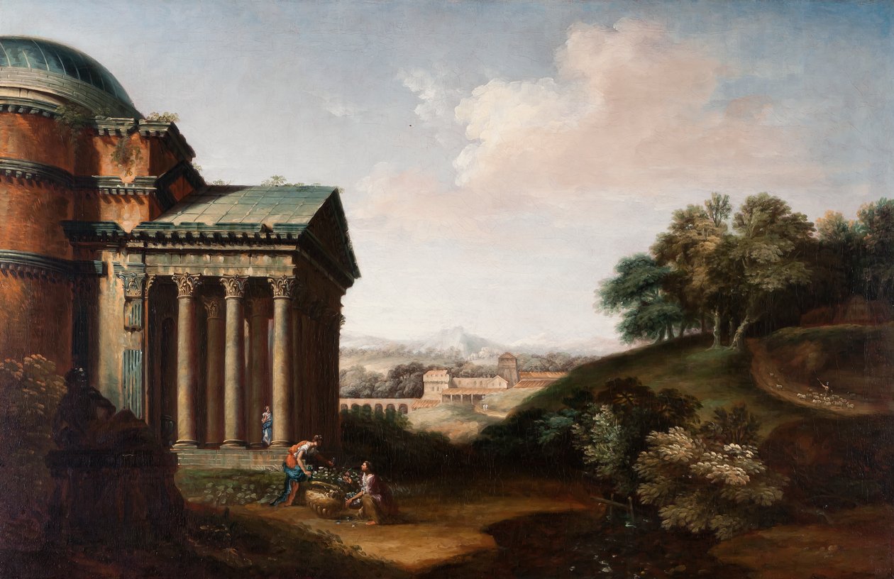 Widok Capriccio na Panteon, figury i akwedukt, ok. 1760 autorstwa English School