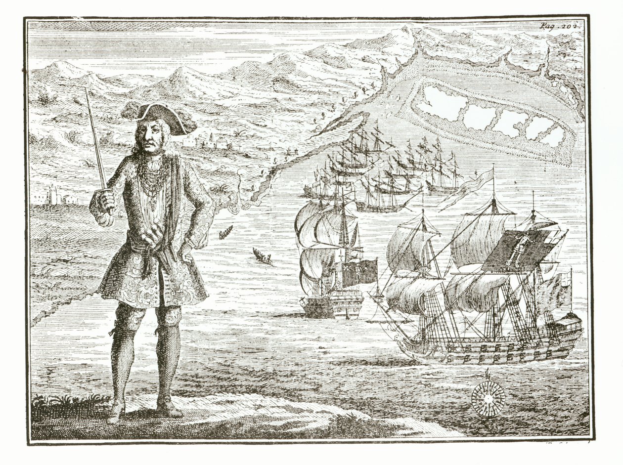 Kapitan Bartholomew Roberts (1682-1722) z dwoma statkami, Royal Fortune i Ranger wypływa w Whydah Road na wybrzeżu Guiney, 11 stycznia 172?, z A General History of the Robberies and Mu autorstwa English School