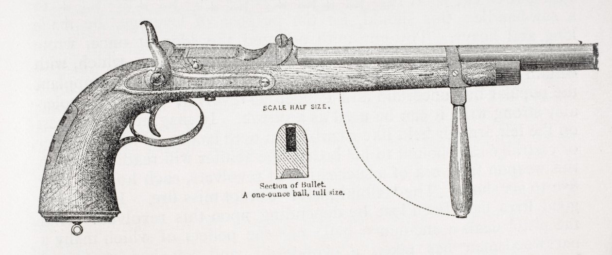 Pistolet i pocisk karabinowy Captain Burtons, z "Życia kapitana Sir Richarda Burtona", tom II Isabel Burton (1831-96) opublikowany 1893 autorstwa English School