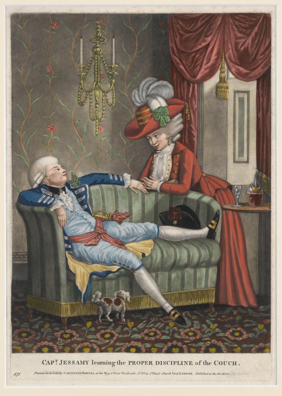 Kapitan Jessamy uczy się Właściwej Dyscypliny Kanapy, ok. 1782 (ręcznie kolorowana mezzotinta) autorstwa English School