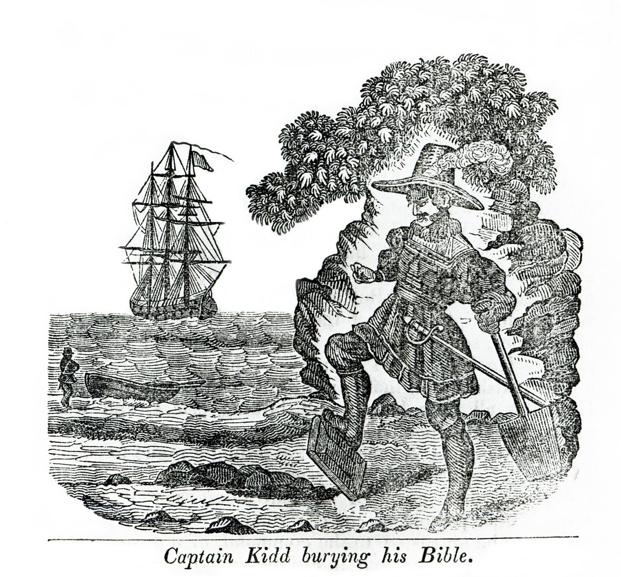 Kapitan Kidd zakopuje swoją Biblię, ilustracja z książki „Pirates own Book” Charlesa Elmsa autorstwa English School
