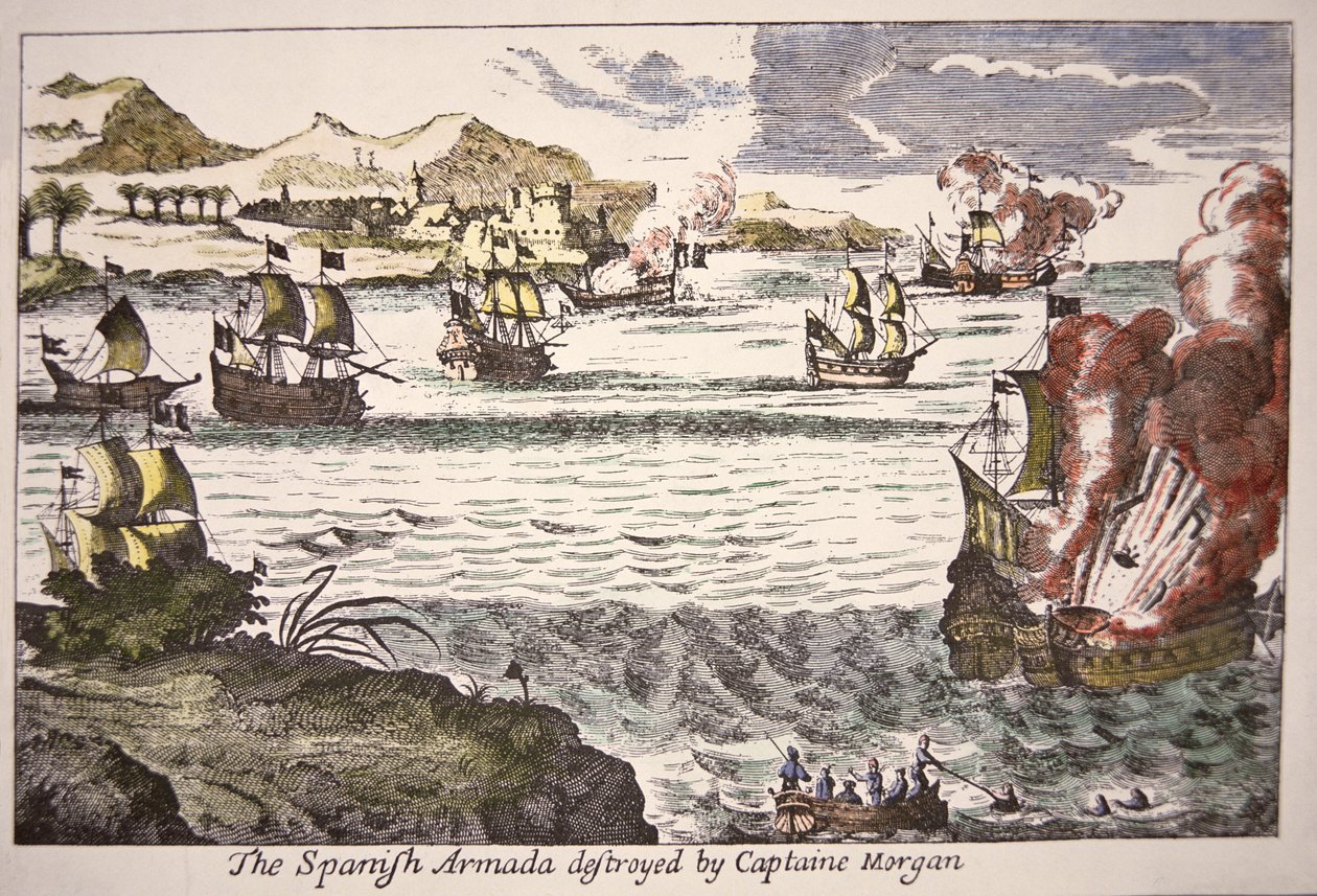 Kapitan Morgan pokonuje hiszpańskie okręty wojenne blokujące ujście jeziora Maracaibo w 1669 (kolorowy grawerunek) autorstwa English School