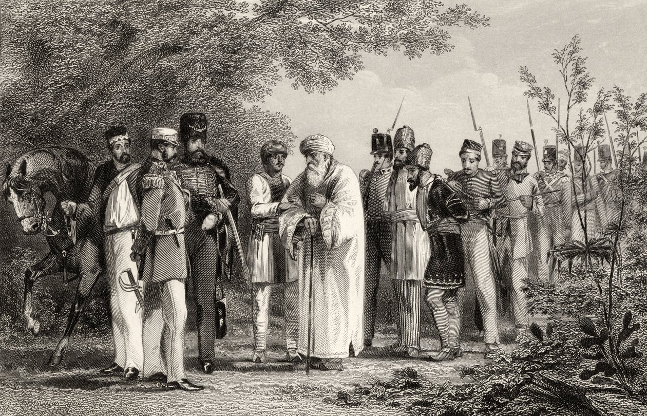 Schwytanie króla Delhi przez kapitana Hodsona, z „Historii indyjskiego buntu” opublikowanej w 1858 r. autorstwa English School