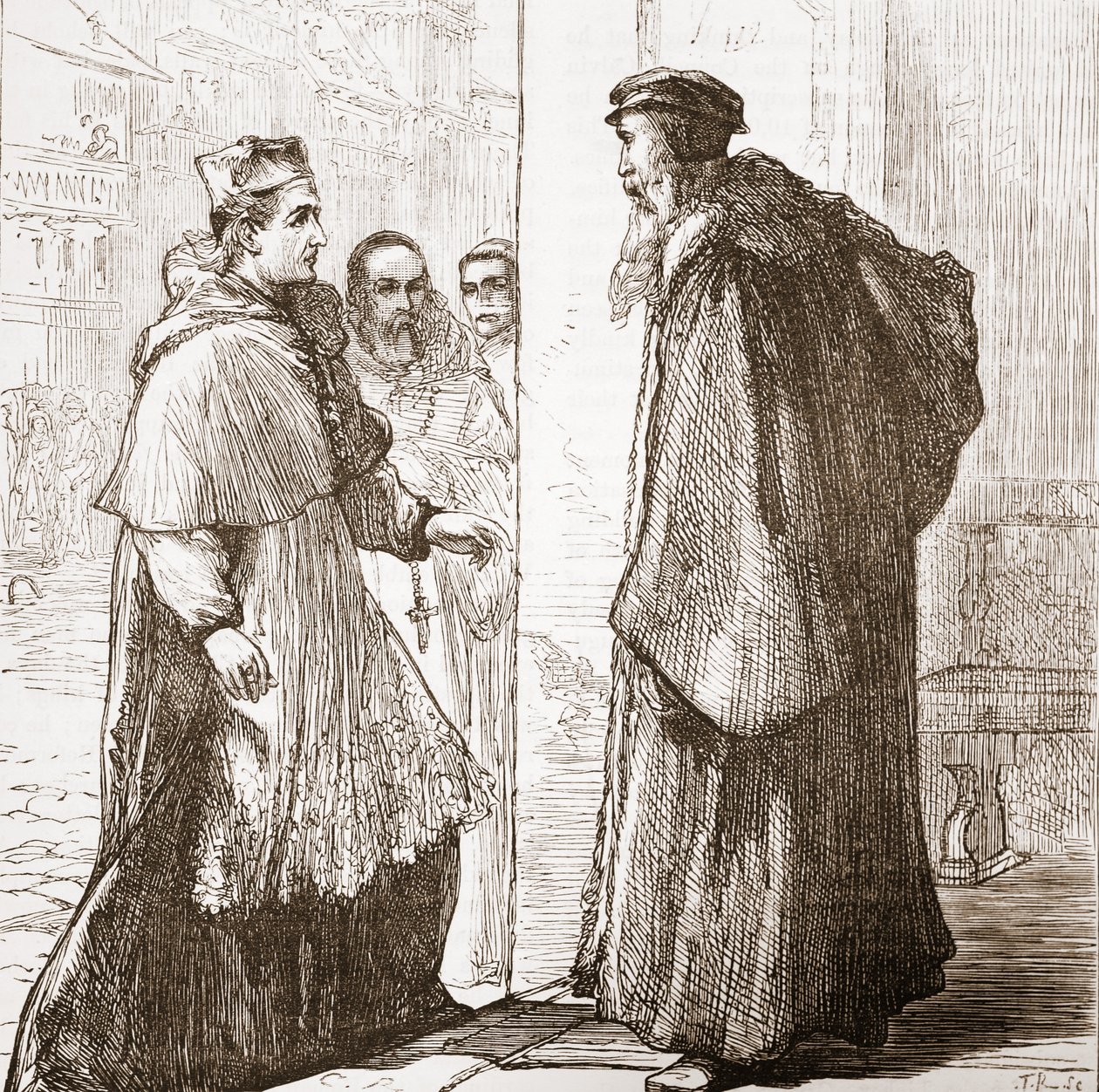 Kardynał Sadoleto odwiedza Calvina, ilustracja z Historii protestantyzmu Jamesa Aitkena Wylie (1808-1890), wyd. 1878 autorstwa English School