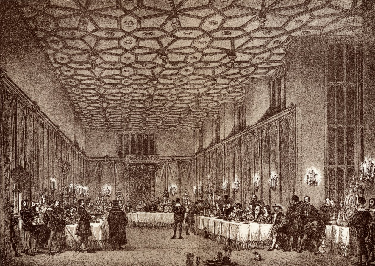 Kardynał Wolsey zabawiający francuskich ambasadorów w pałacu Hampton Court, z „Historii pałacu Hampton Court w Tudor Times” Ernesta Law, opublikowanej w Londynie 1885 autorstwa English School