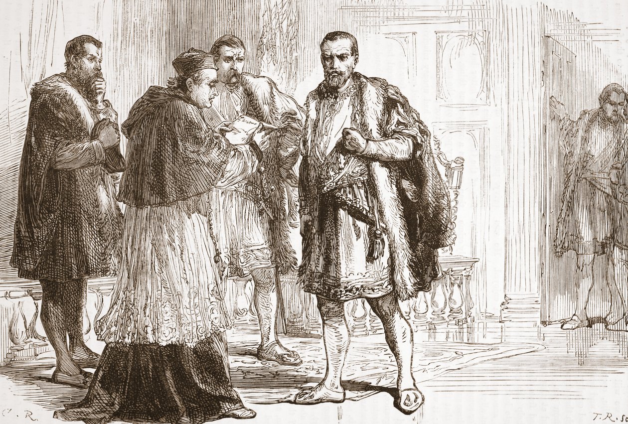 Kardynał de Tournon czytający protestancki plakat Franciszkowi I, ilustracja z Historii protestantyzmu Jamesa Aitkena Wylie (1808-1890), wyd. 1878 autorstwa English School