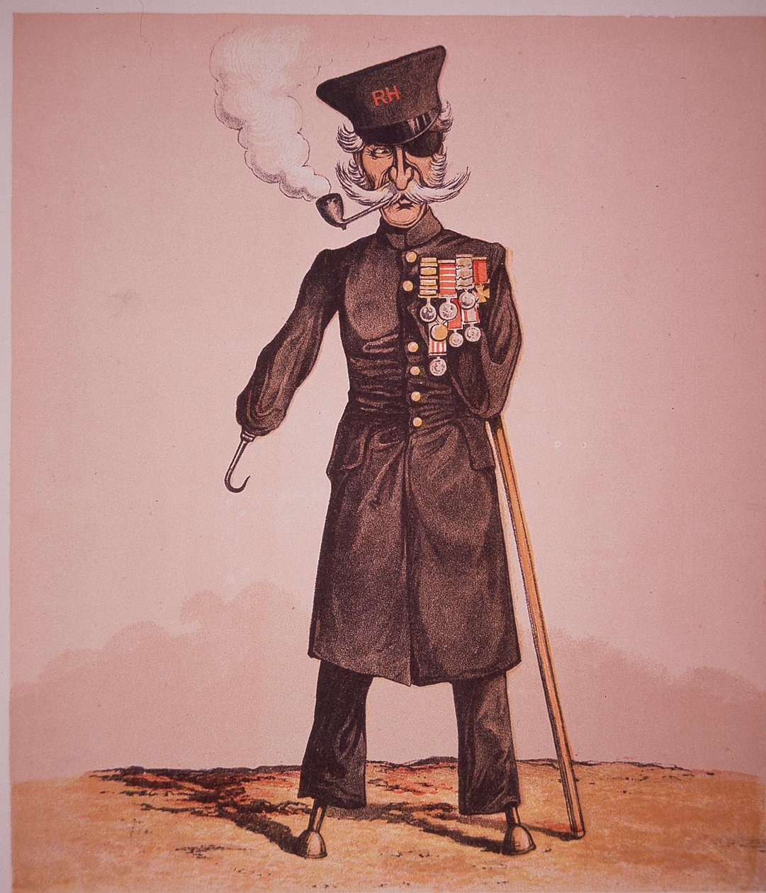 Karykatura emeryta Chelsea z Royal Hospital, z filmu „Army and Navy Drolleries” majora Seccombe (kolorowa grawerunek) autorstwa English School