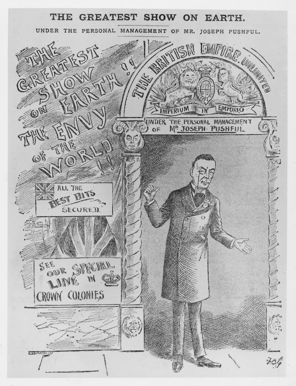 Karykatura Josepha Chamberlaina jako sekretarza kolonialnego, c.1900 autorstwa English School