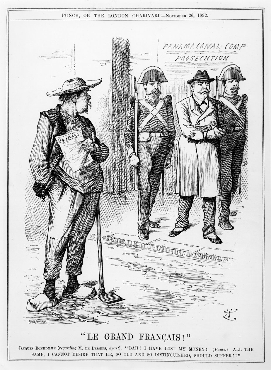 Karykatura Vicomte Ferdinand Marie de Lesseps (1805-94) z magazynu Punch, Londyn, 26 listopada 1892 autorstwa English School