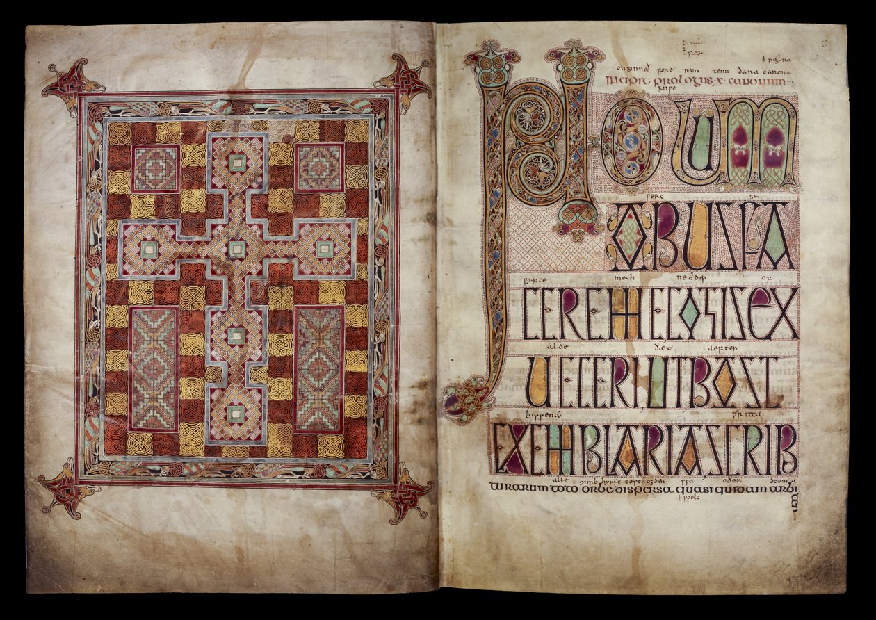 Strona dywanu i strona incipitu wprowadzająca list św. Hieronima do papieża Damazego, Bawełna Nerona D. IV, f.2v i f.3r z Ewangelii Lindisfarne, 710-721 (welin) autorstwa English School