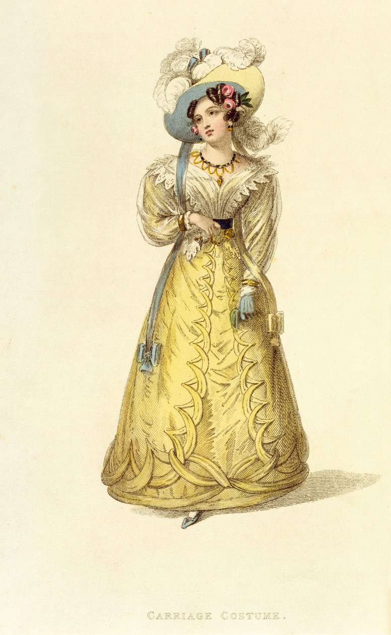 Kostium powozowy, talerz z modą z Ackermanns Repository of Arts, ok. 1827 r. autorstwa English School