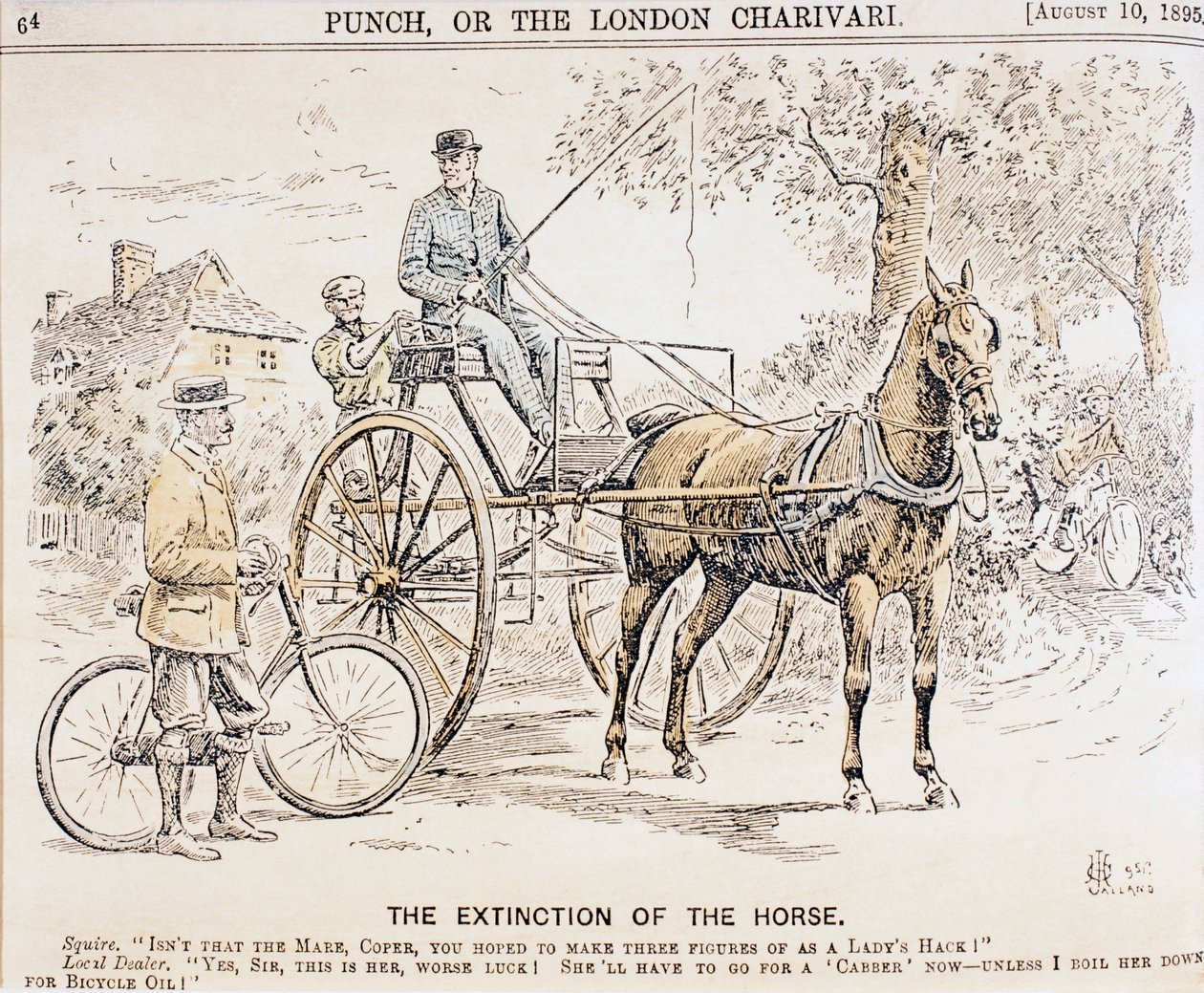 Karykatura o nadejściu rowerów i transportu zmotoryzowanego i związanym z tym zakończeniu ruchu konnego, z magazynu Punch, 10.08.1895 autorstwa English School