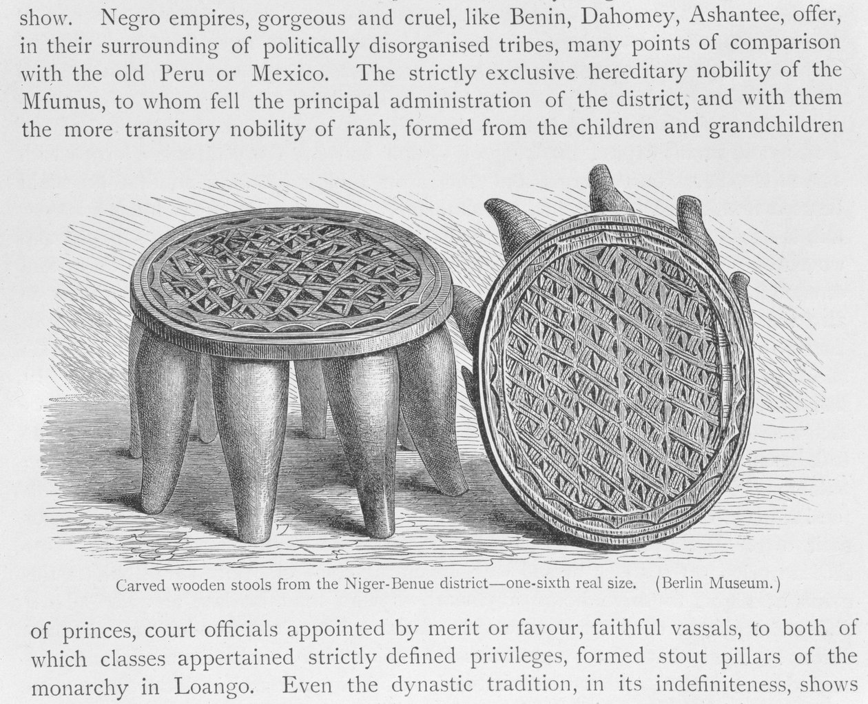 Rzeźbione drewniane taborety z dzielnicy Niger-Benue, z „Historii Ludzkości”, t. III, autorstwa prof. Friedricha Ratzela, 1898 autorstwa English School