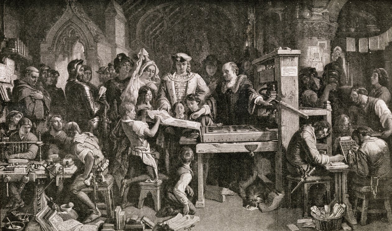 Caxton (ok. 1422-91) pokazujący okazy jego druku królowi Edwardowi IV w Almonry w Westminster, 1858 autorstwa English School