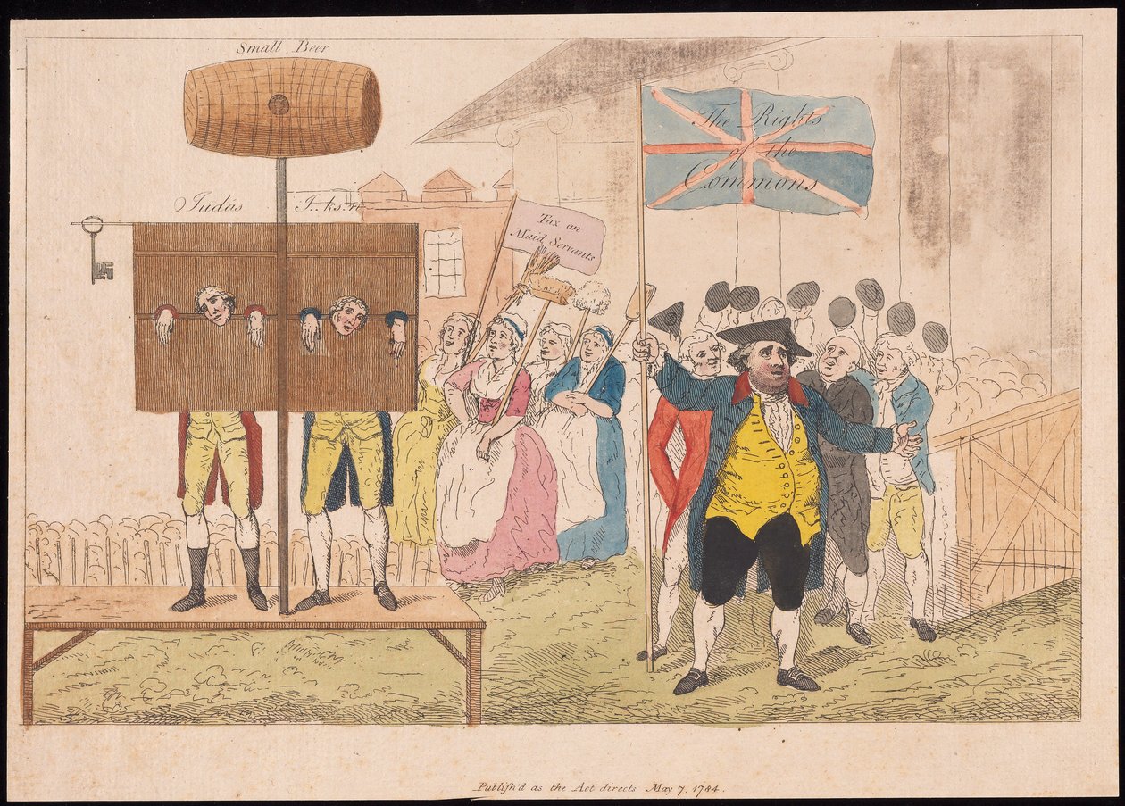 Cecil Wray w pręgierzu Prawa Gmin, wyd. 1784 (ręcznie kolorowane grawerowanie) autorstwa English School