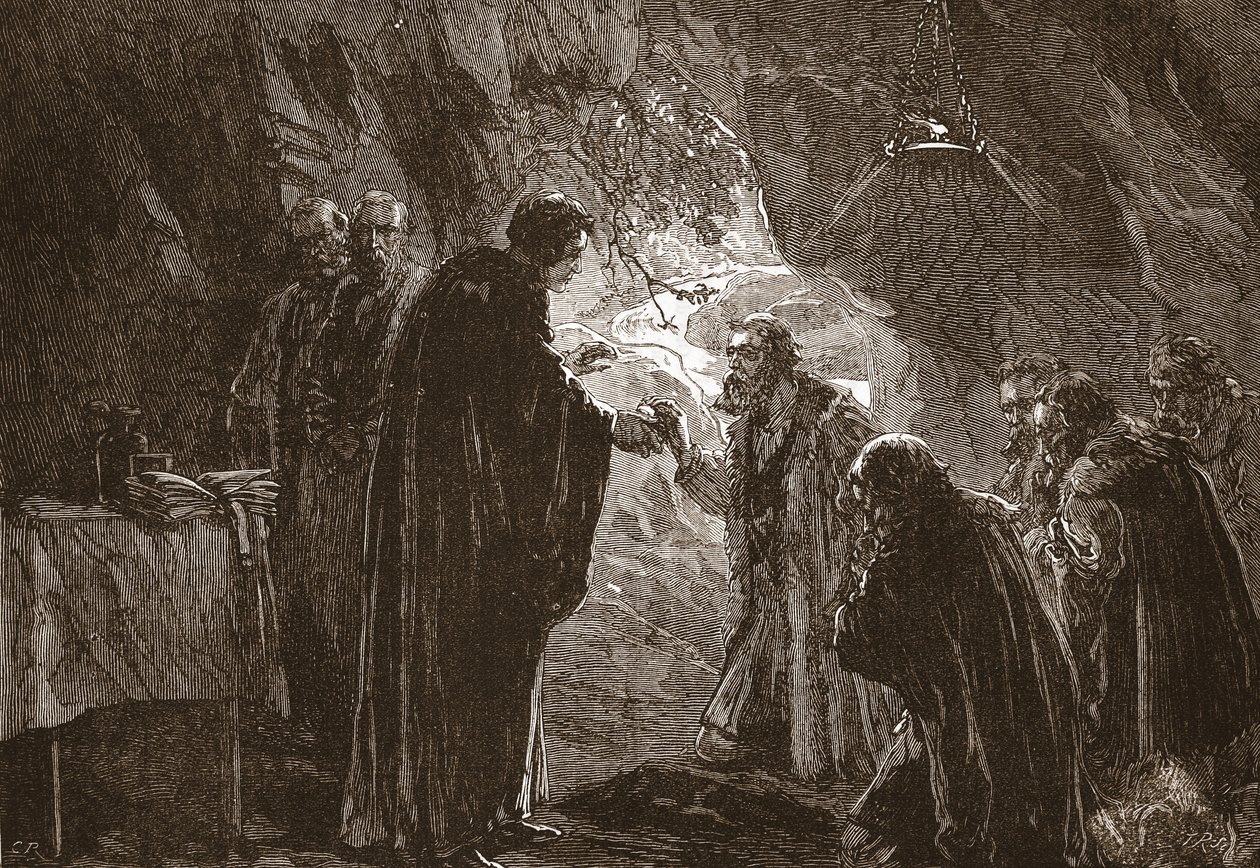Obchody Wieczerzy Pana przez Kalwina i jego współprotestantów w grocie w Poictiers, ilustracja z Historii protestantyzmu Jamesa Aitkena Wylie (1808-1890), wyd. 1878 autorstwa English School