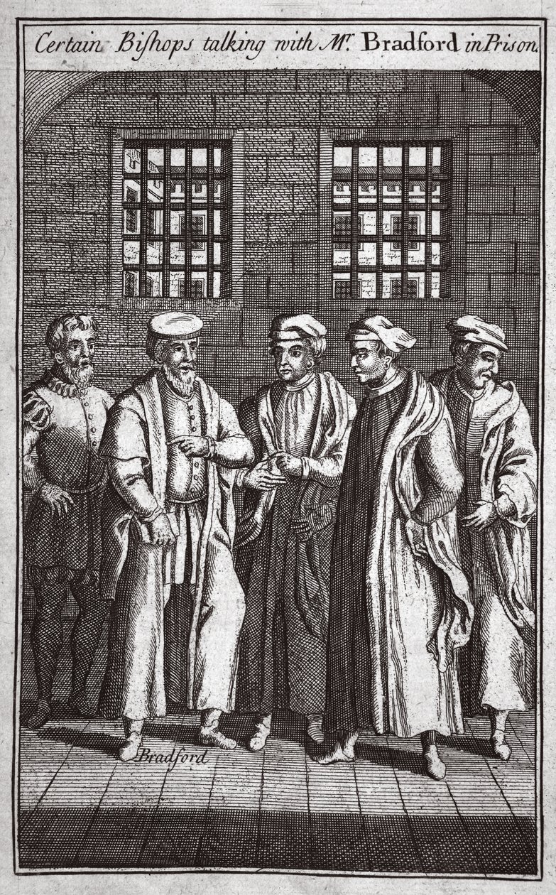 Niektórzy biskupi rozmawiają z panem Bradfordem w więzieniu, ilustracja z Foxes Martyrs c.1703 autorstwa English School