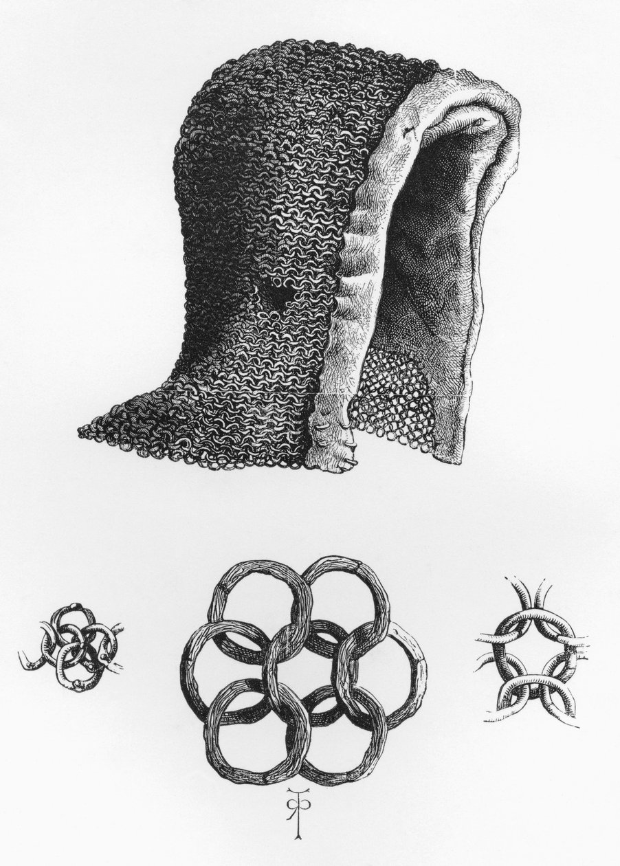 Kaptur kolczugi i przykład zazębiającej się kolczugi, ok. AD 1120, z The British Army: Its Origins, Progress and Equipment , opublikowane 1868. autorstwa English School