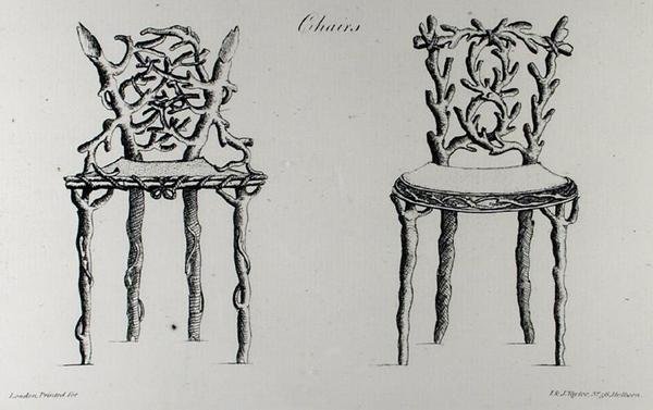 Krzesła, z „Grotesque Architecture, or Rural Amusement”, Williama Wrighte, opublikowane 1768 (rycina) (zdjęcie czarno-białe) autorstwa English School