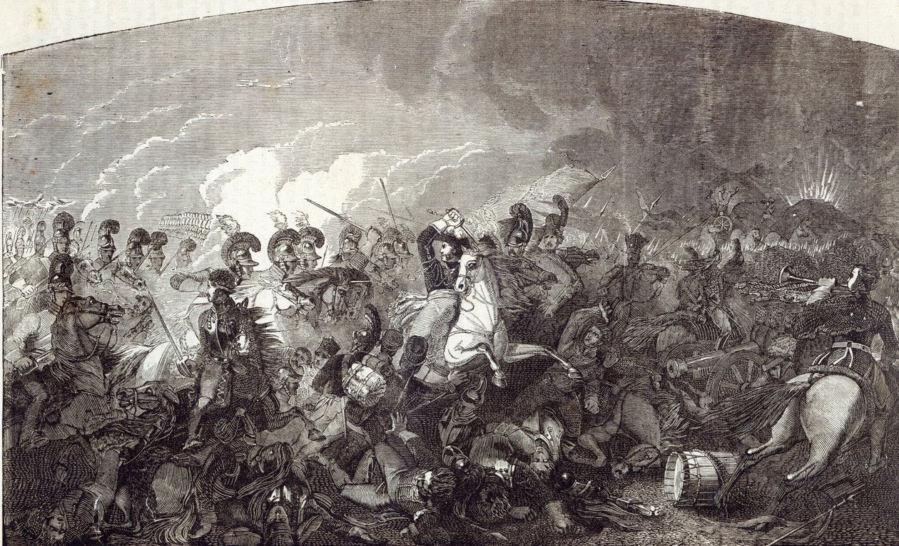 Szarża ciężkiej brygady lorda Somerseta pod Waterloo i całkowity pogrom armii francuskiej, ilustracja z „Ilustrowanej historii Anglii Cassella” autorstwa English School