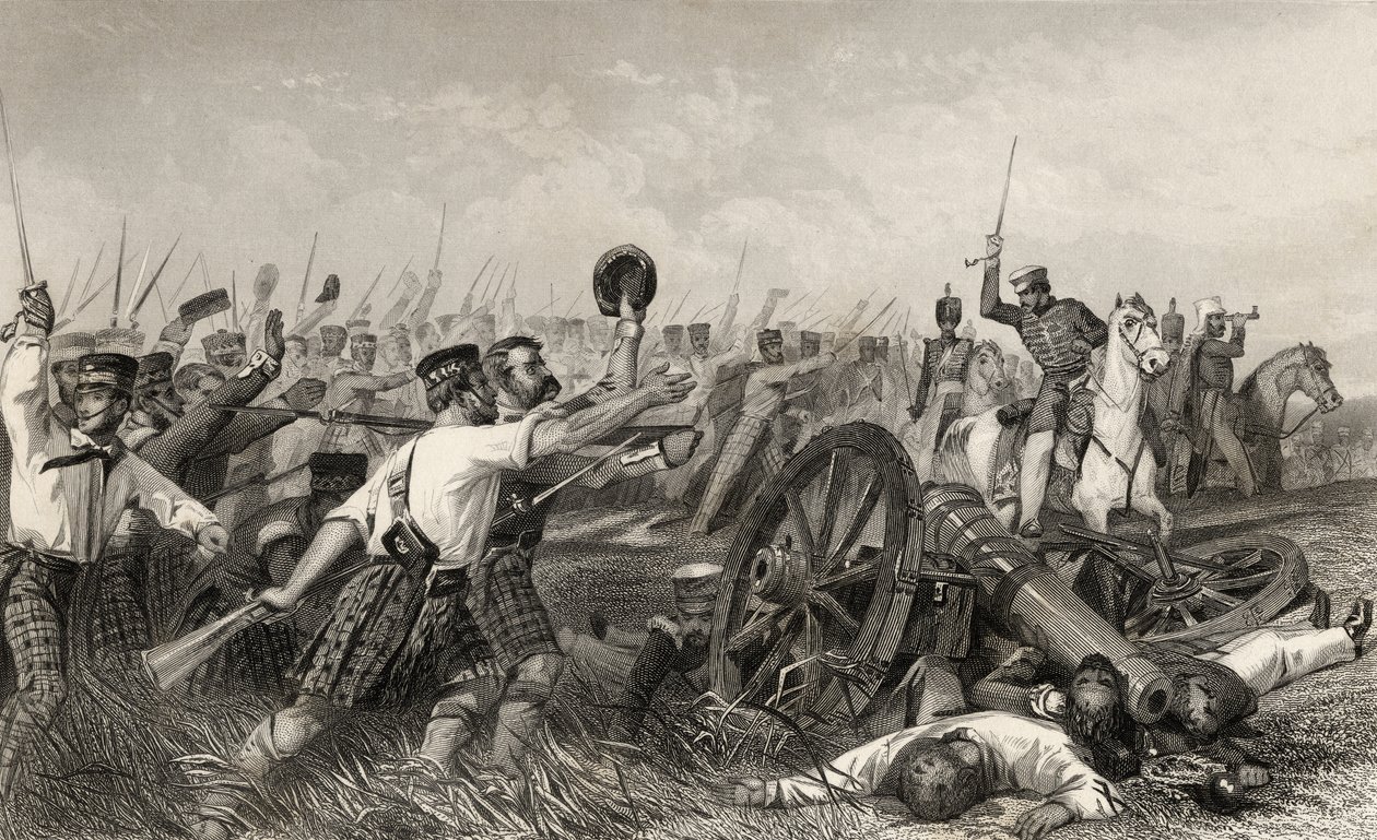 Szarża górali przed Cawnpore pod dowództwem generała Havelocka z „Historii buntu indyjskiego”, opublikowanej w 1858 r. autorstwa English School