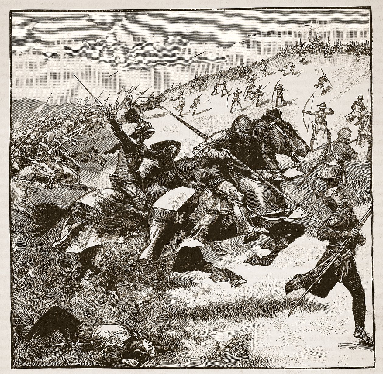 Szarża Szkotów w Homildon Hill, ilustracja z Cassells Illustrated History of England (zdjęcie w sepii) autorstwa English School