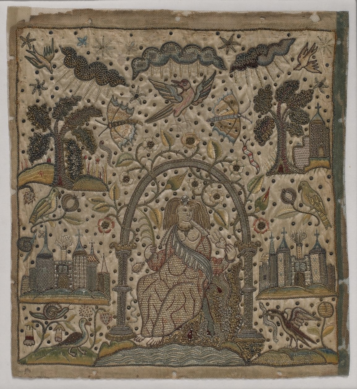 Dobroczynność pod łukiem, ok. 1640 (jedwab, metalowe nici i cekiny na satynie) autorstwa English School
