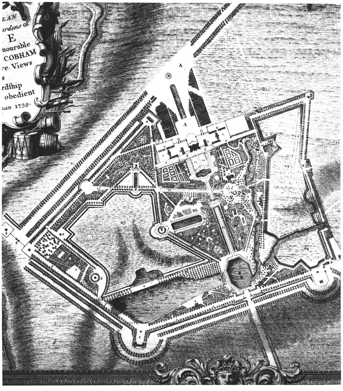 Charles Bridgemans (fl.1713-38) plan Stowe Gardens, z książki o widokach Stowe opublikowanej przez panią Charles Bridgeman w 1739 (patrz 140583 dla późniejszego planu Williama Kentsa) autorstwa English School