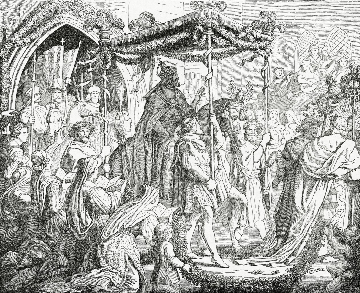 Karol IV, cesarz rzymski, odwiedzając papieża Urbana V w Awinionie w 1365, 1882 r. autorstwa English School