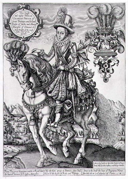 Karol I jako książę Walii na koniu, z „Księgi królów”, ryty Renold Elstrack (1571-c.1630) 1618 (rycina) autorstwa English School
