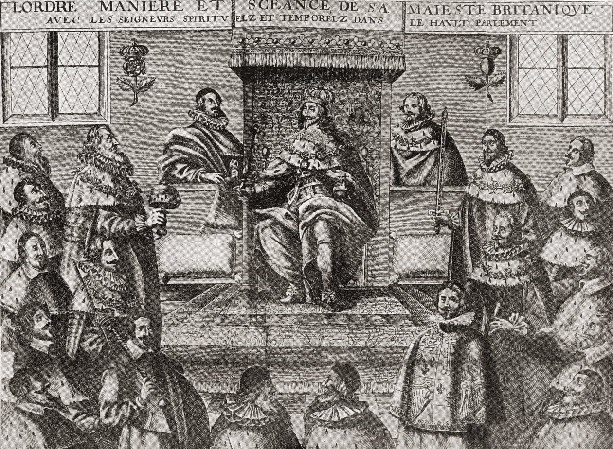 Karol I w Izbie Lordów w 1648 r., z „Krótkiej historii ludu angielskiego” J.R. Greena, opublikowanej w 1893 r. autorstwa English School