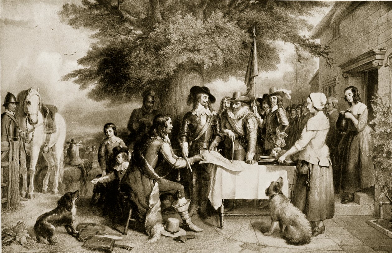 Karol I w przeddzień bitwy pod Edgehill, 22 października 1642, ilustracja z Historii narodu brytyjskiego Hutchinsona, ok. 1923 autorstwa English School