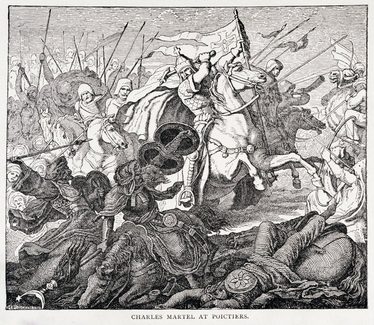 Charles Martel (ok. 688-741) w Poictiers, z Historii Francji, Emile de Bonnechose, wyd. Ward, Lock and Co, Londyn autorstwa English School