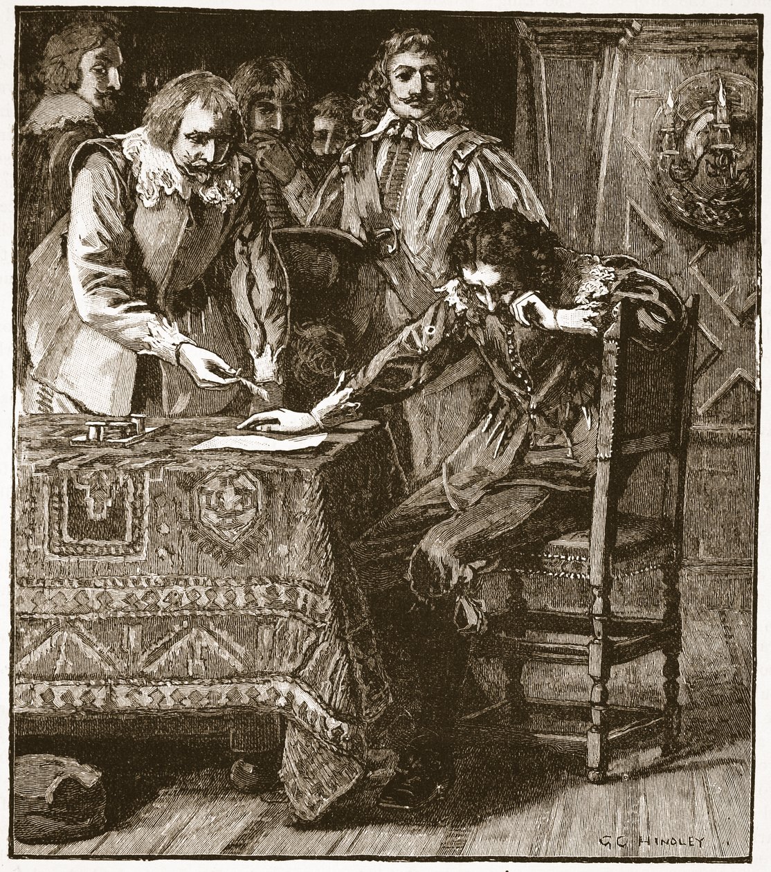 Charles podpisujący Komisję Zgody na Straffords Attainder, ilustracja z Cassells Illustrated History of England (zdjęcie w sepii) autorstwa English School