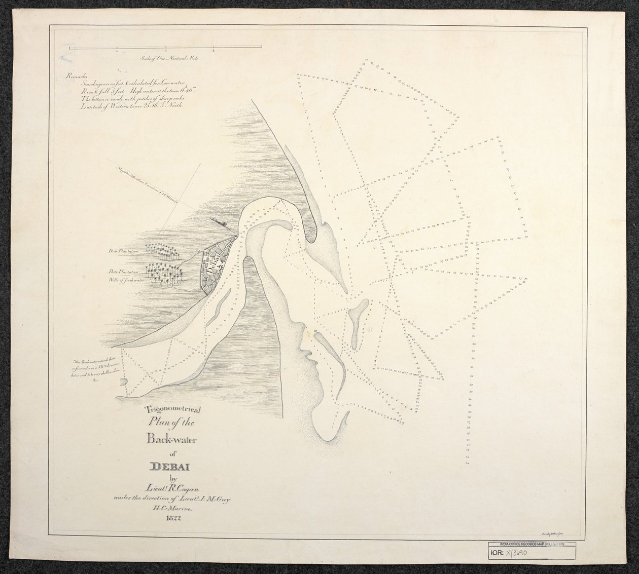 Mapa Dubaju z 1822 r. sporządzona przez inspektorów morskich Angielskiej Kompanii Wschodnioindyjskiej, zatytułowana Trigonometrical Plan of the Back-water of Debai, wykonana przez porucznika R. Cogana pod kierunkiem porucznika J. M. Guya, H. C. Marine. autorstwa English School