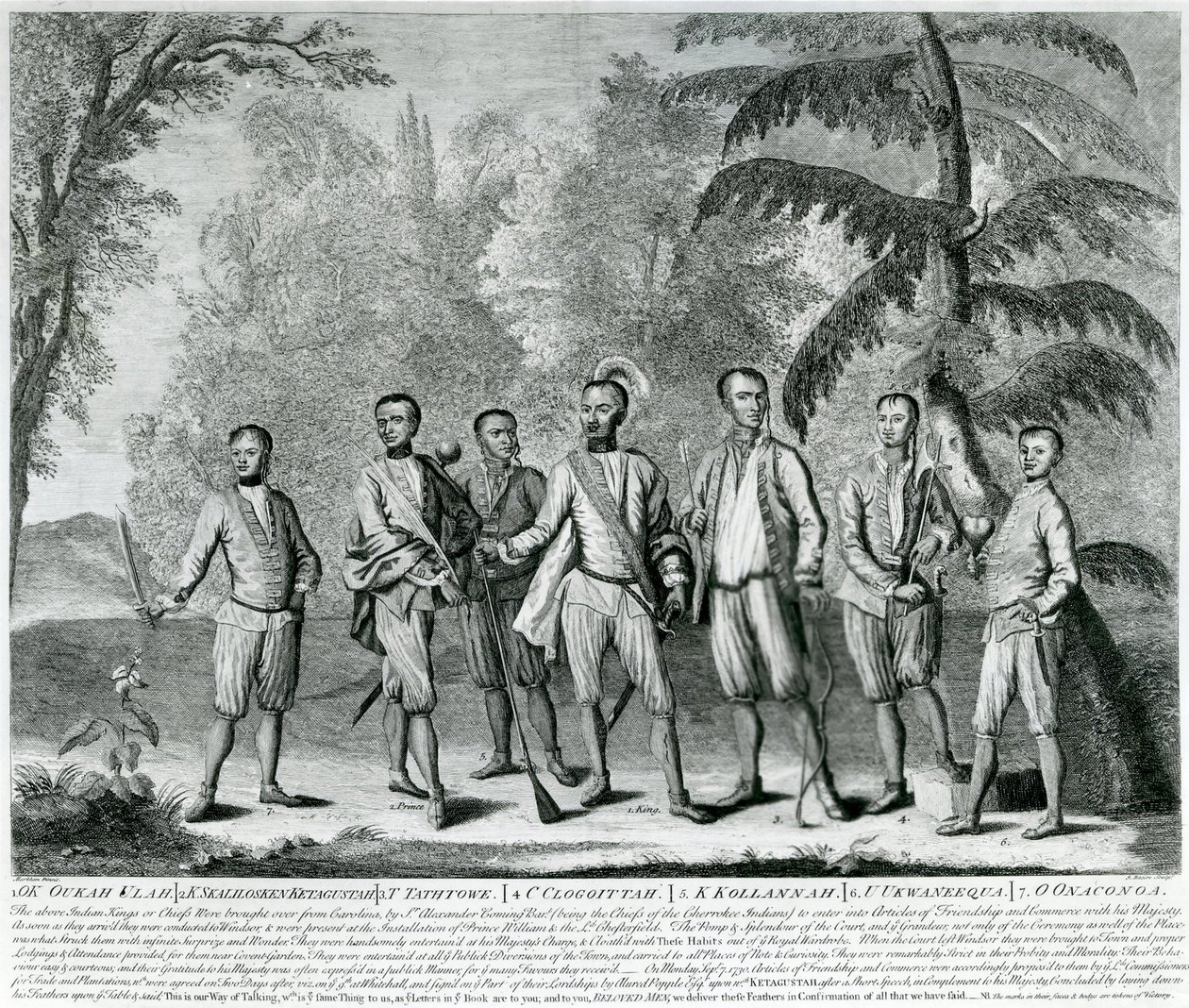 Cherokee Chiefs z Karoliny, ok. 1730 (grawerowanie) autorstwa English School