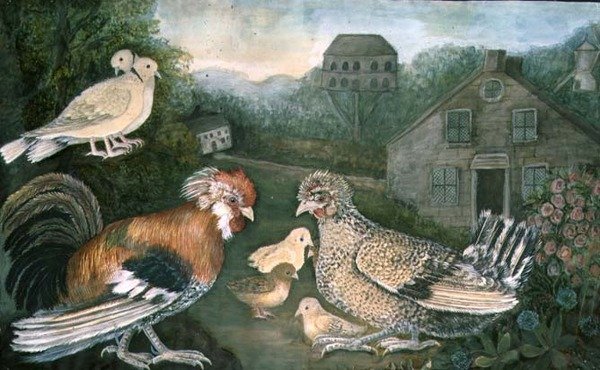 Kurczak i gołębie w pobliżu farmy (akwarela, gwasz na papierze) (szczegóły patrz 97196) autorstwa English School