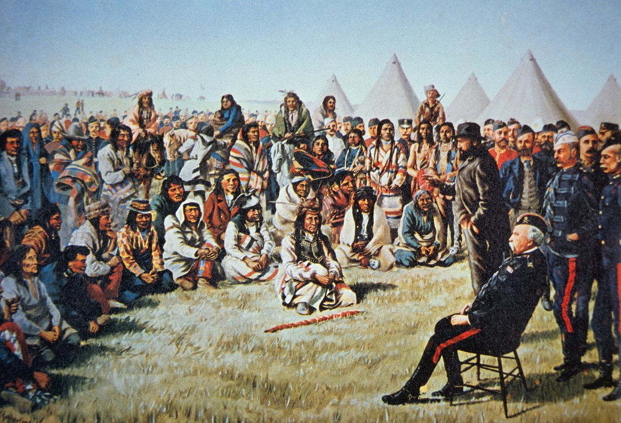 Chief Poundmaker poddaje się generałowi Middletonowi podczas buntu północno-zachodniego w 1885 roku (kolor lito) autorstwa English School