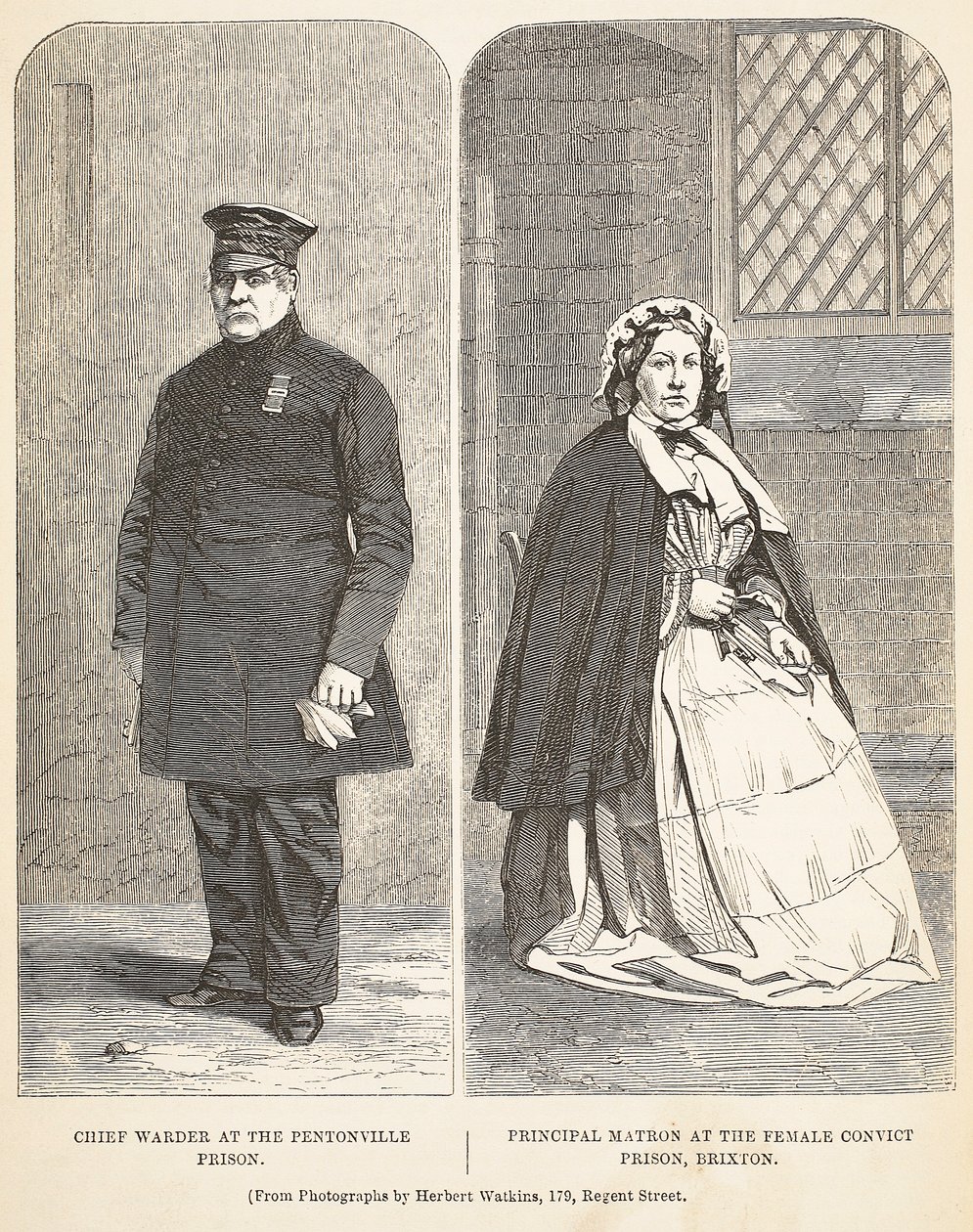Naczelny Strażnik w więzieniu Pentonville i główna matrona w więzieniu dla kobiet w Brixton, ilustracja z The Criminal Prisons of London i Sceny z życia więziennego autorstwa Henry