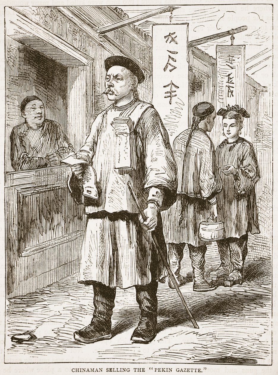 Chińczyk sprzedający gazetę pekińską, ilustracja z Ilustrowanej Historii Anglii Cassella autorstwa English School
