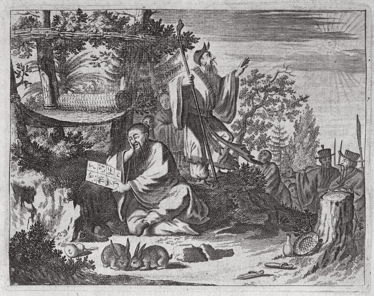 Chińscy Święci Mężowie, ilustracja z opisu ambasad w Chinach, 1690 autorstwa English School