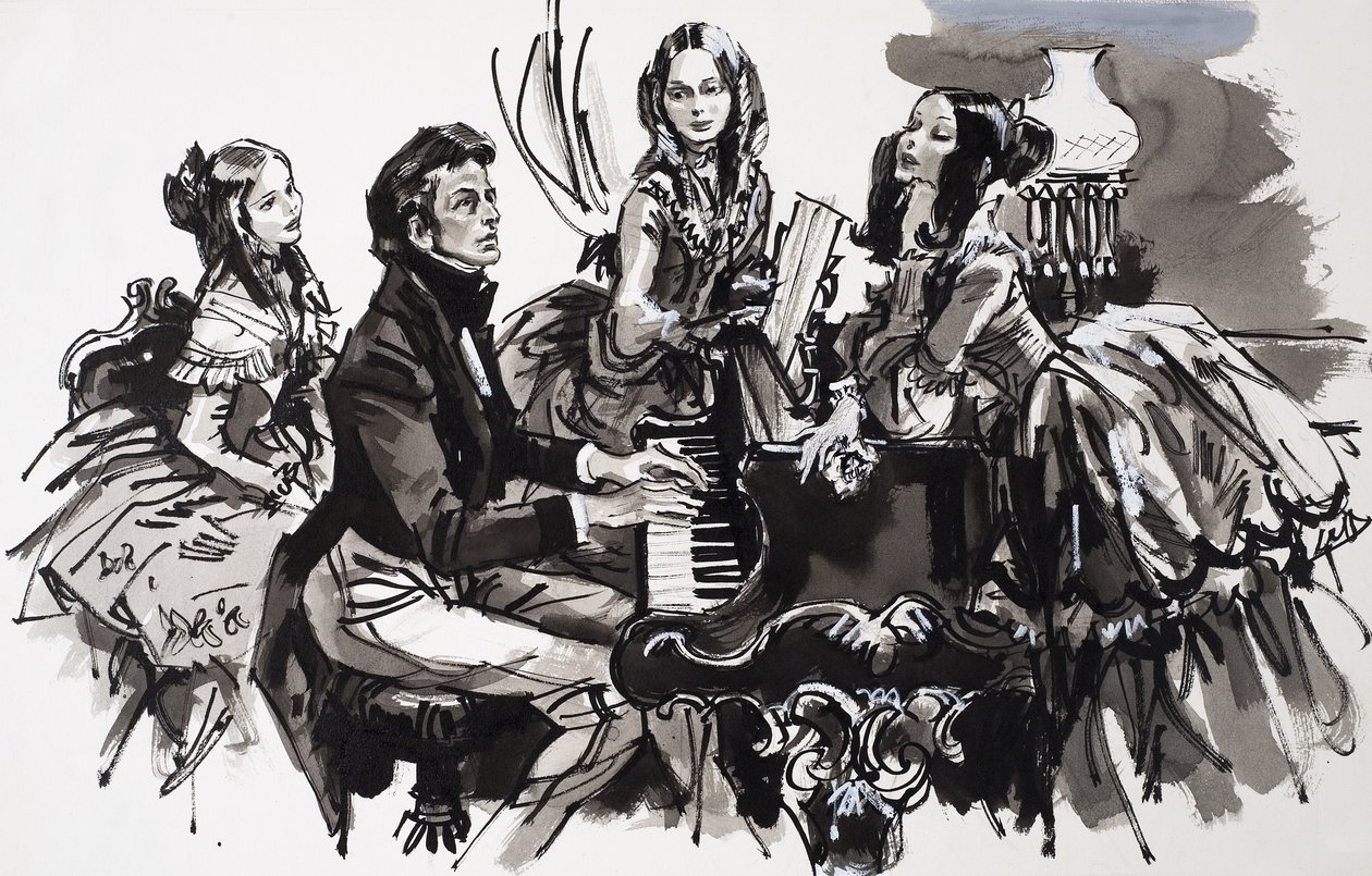 Chopin z wielbicielkami (gwasz na papierze) autorstwa English School
