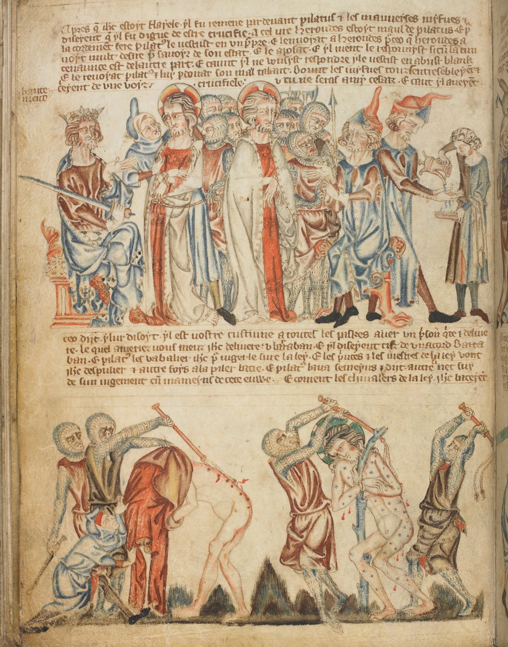 Chrystus przed Herodem i przed Piłatem; Herod myje ręce; biczowanie Chrystusa, Add. 47682, f.30v, c.1320-30 (welin) autorstwa English School