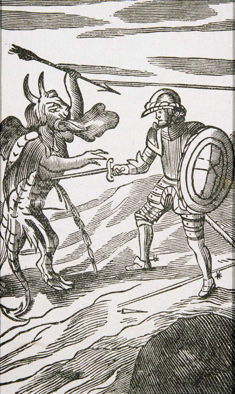 Christian i Apollyon, z 13. wydania „Wędrówki pielgrzyma” Johna Bunyana, 1692 autorstwa English School