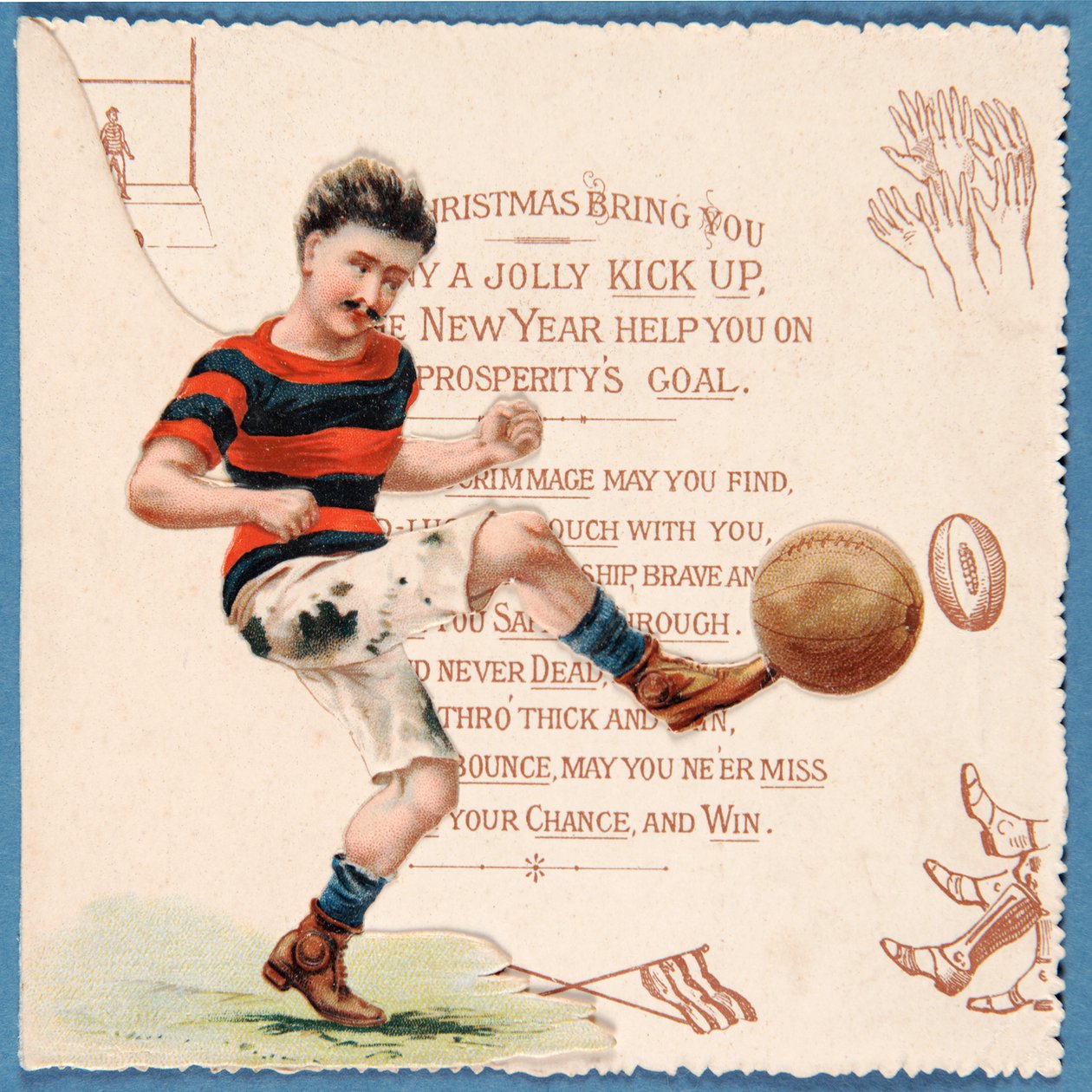 Kartka świąteczna przedstawiająca piłkarza kopiącego piłkę, ok. 1890 r. autorstwa English School