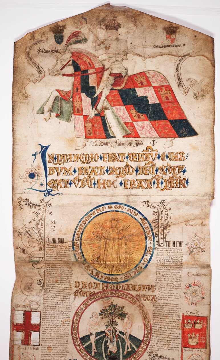 Kronika Historii Świata od Stworzenia do Wodena, z genealogią Edwarda IV (Edward IV Roll), część rozpoczynająca z portretem Edwarda IV na koniu, koło z Bogiem i jeszcze jedna autorstwa English School